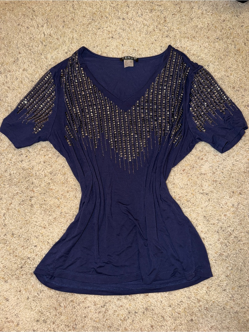 Venus Navy Beaded V-Neck Women's Top With Studs Y2K